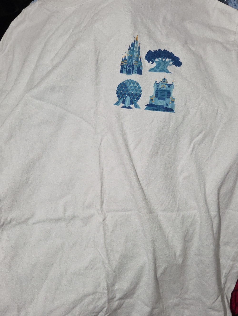 Adult Disney White Graphic Tee with Blue Theme Park Icons